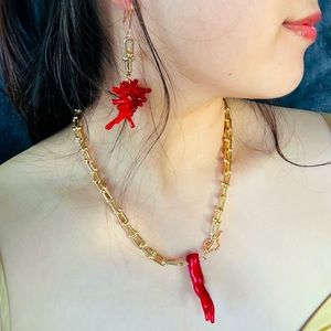 Elegant Red Coral Jewelry Set with 14K Gold Plated Necklace and Earrings